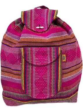 Vibrant Pink Artesanias Pinzon woven Mexican drawstring backpack BOHO satchel